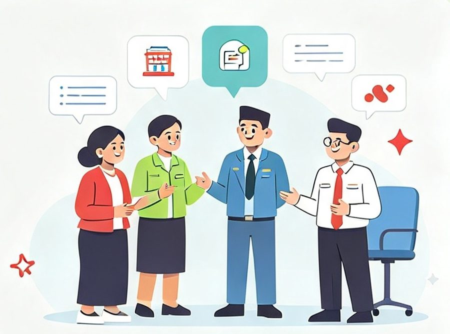 Pegawai instansi berdiskusi laporan